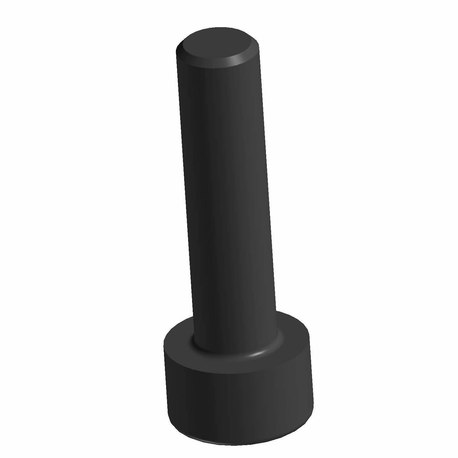 Black cylindrical screw with a wide flat head and smooth shaft, metal material.