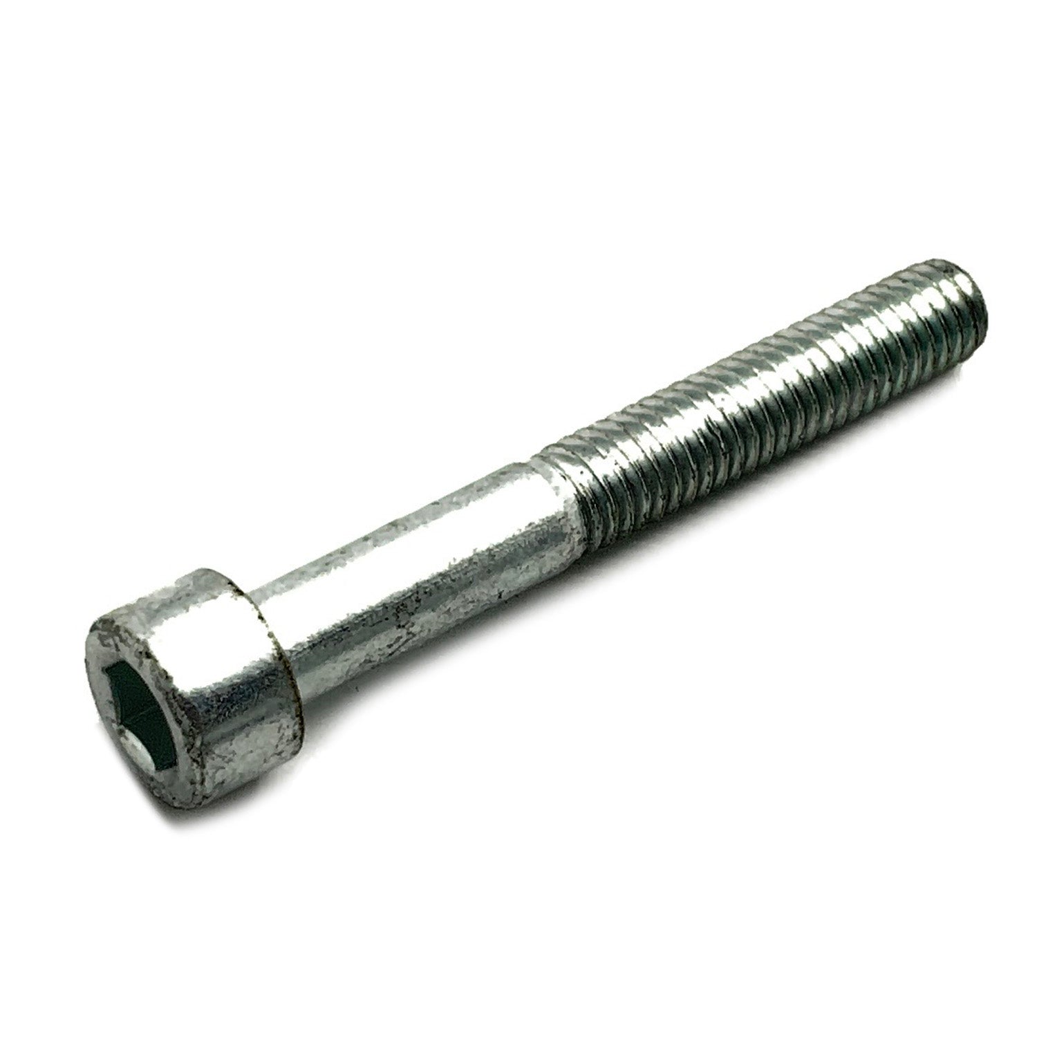 Silver hex socket head screw with partially threaded shaft made of metal.