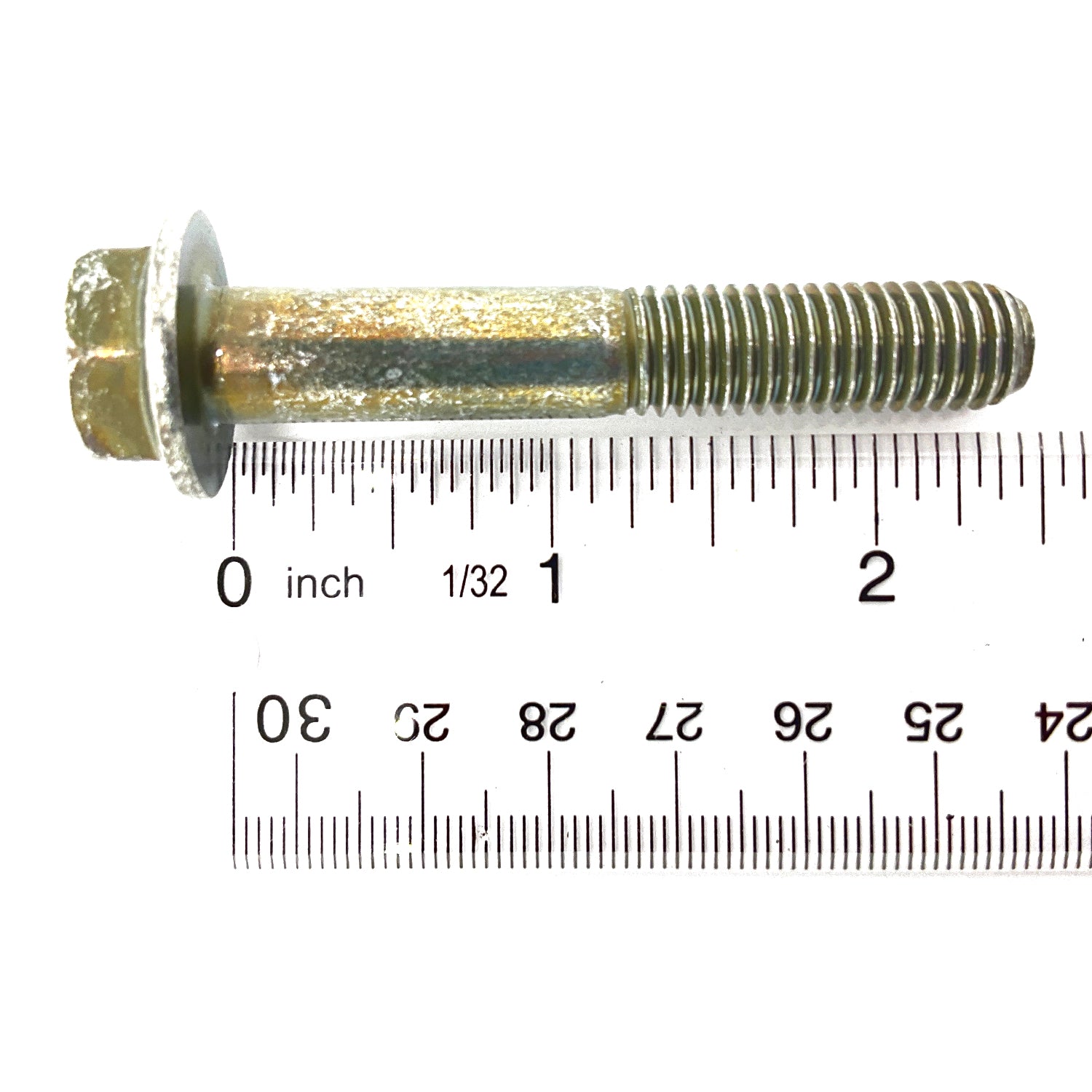Metal hex head screw, partially threaded with silver finish, about 2.4 inches long against a white background with rulers.