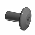 Black metal screw with flat, round head and Phillips drive, short cylindrical threaded shaft.