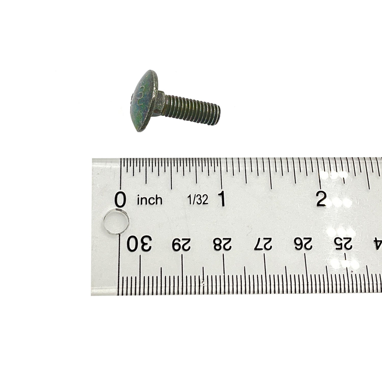 Black metal M6x1.0x20 bolt with round head beside clear ruler showing inch measurements.
