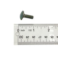 Black metal M6x1.0x20 bolt with round head beside clear ruler showing inch measurements.