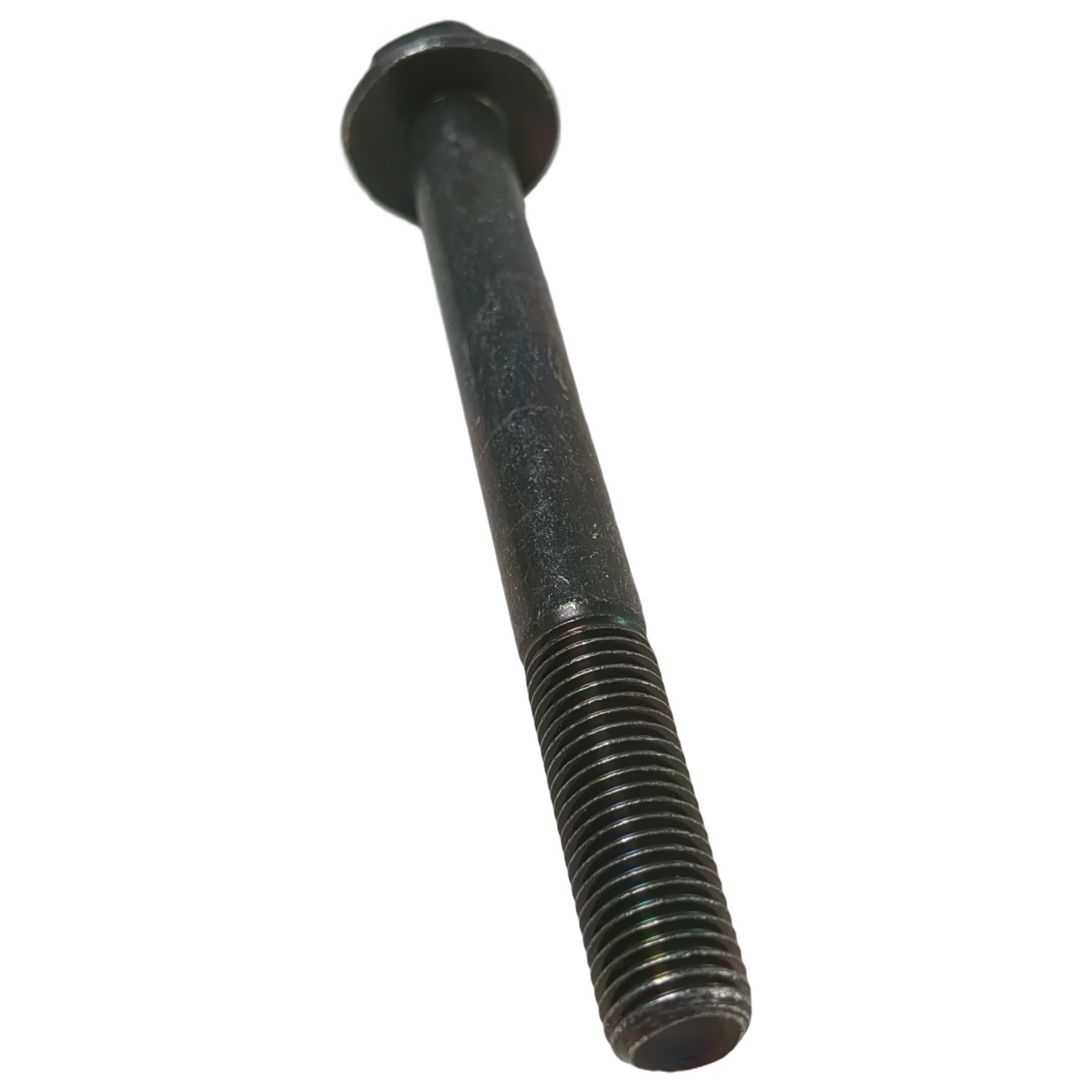 Black metal M10x1.25-6G screw with partially threaded shaft and round head.
