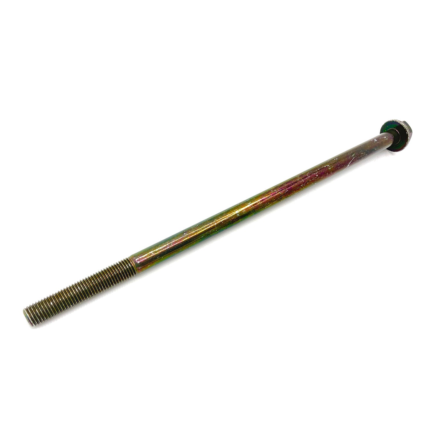 Long gold-toned hex flange screw with fine threads and flat head.