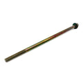 Long gold-toned hex flange screw with fine threads and flat head.