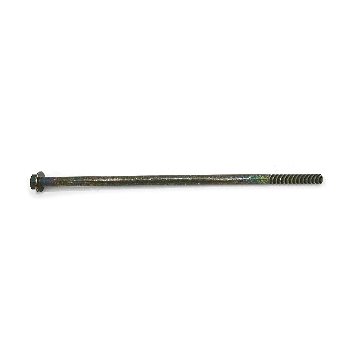 Long black metal bolt with hexagonal head, threaded at one end.