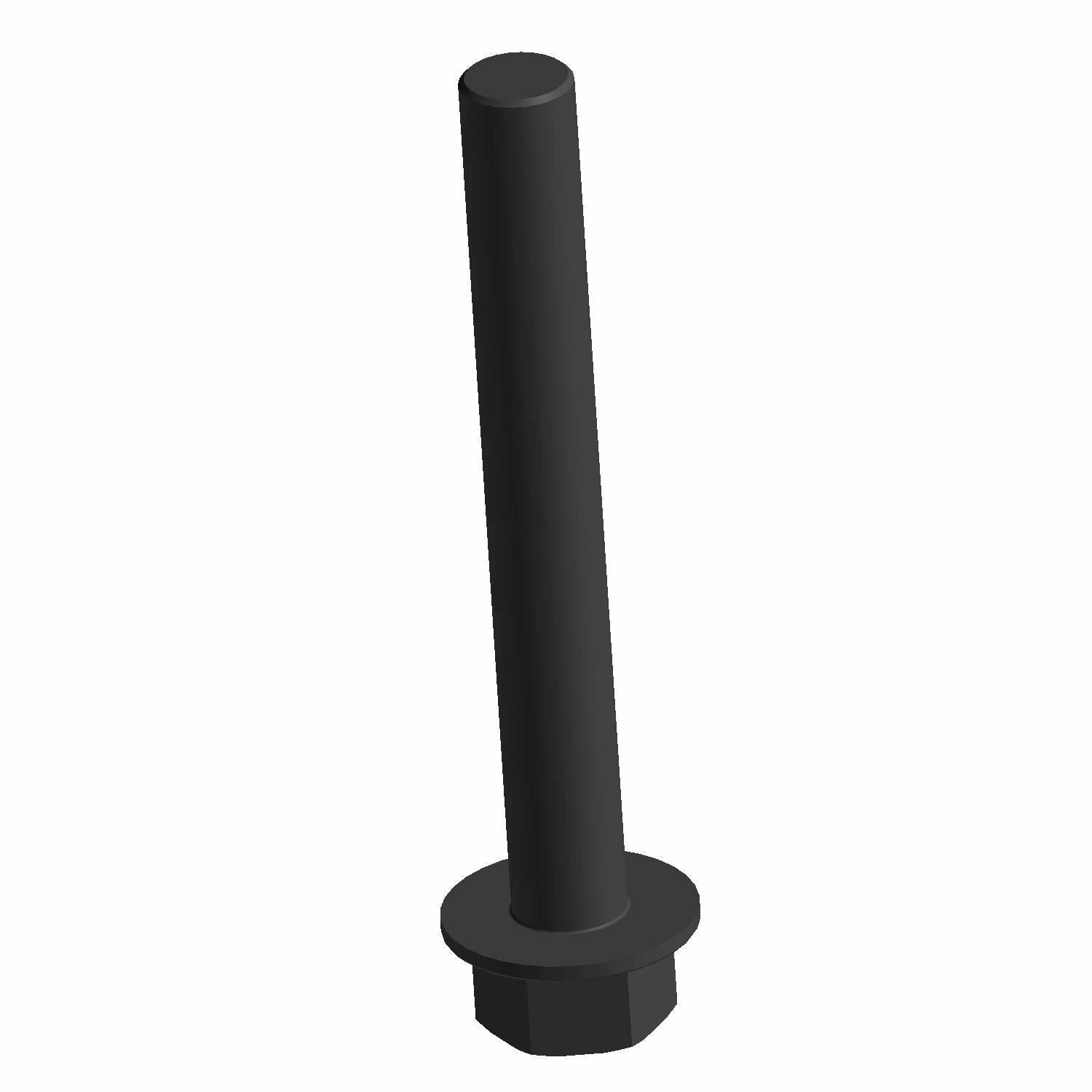 Black metal screw with a hexagonal flat head and long cylindrical shaft.