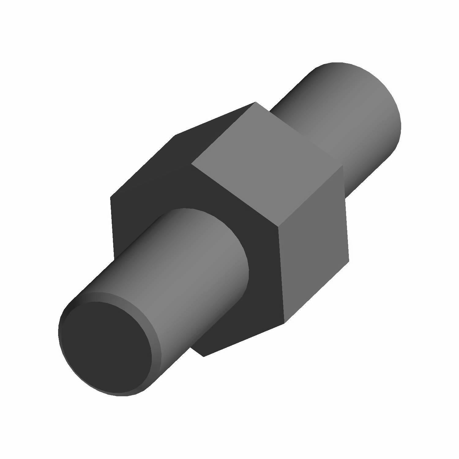 Gray metal stud with cylindrical ends and a hexagonal center section for tightening.