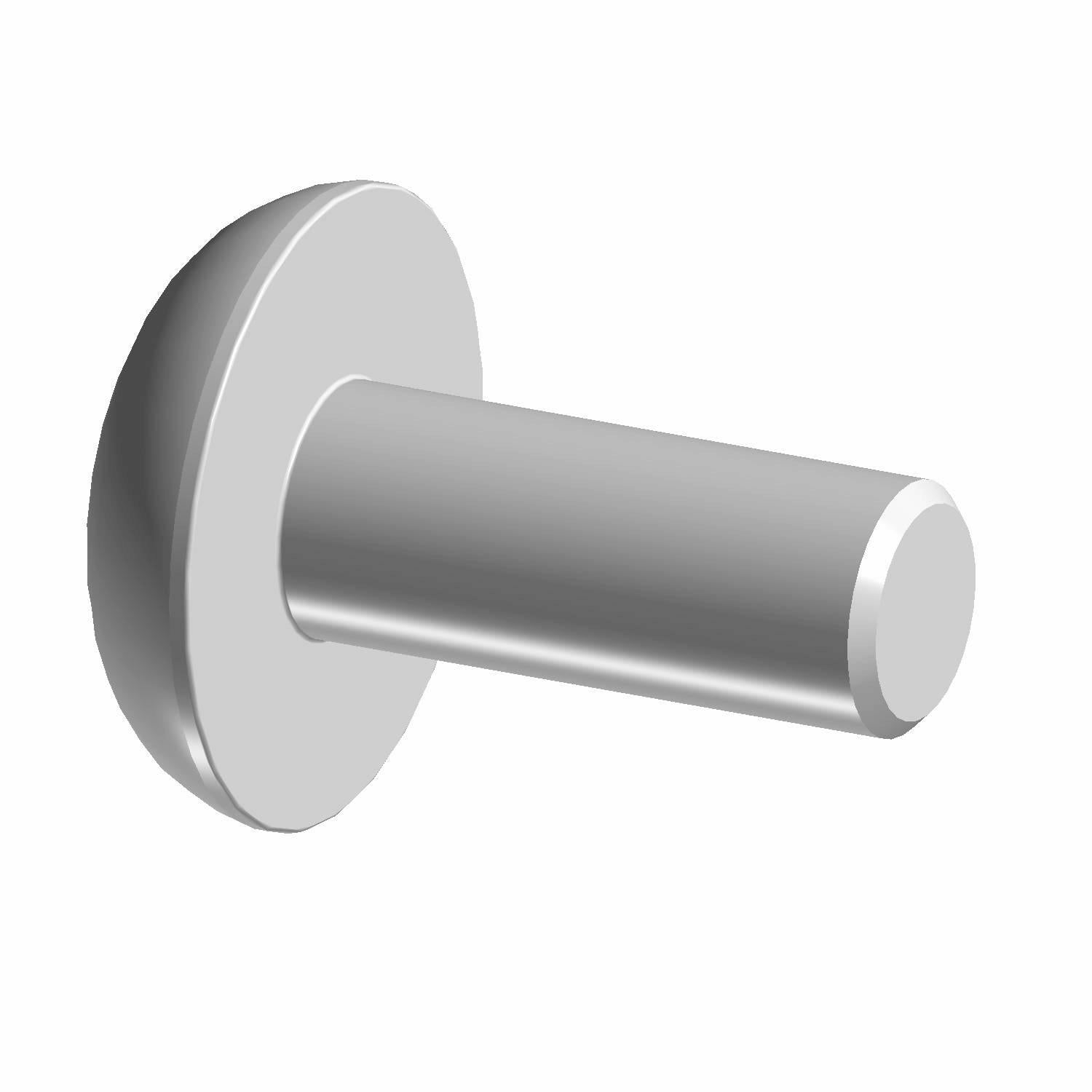 Silver metal screw with flat round head and short threaded shaft.