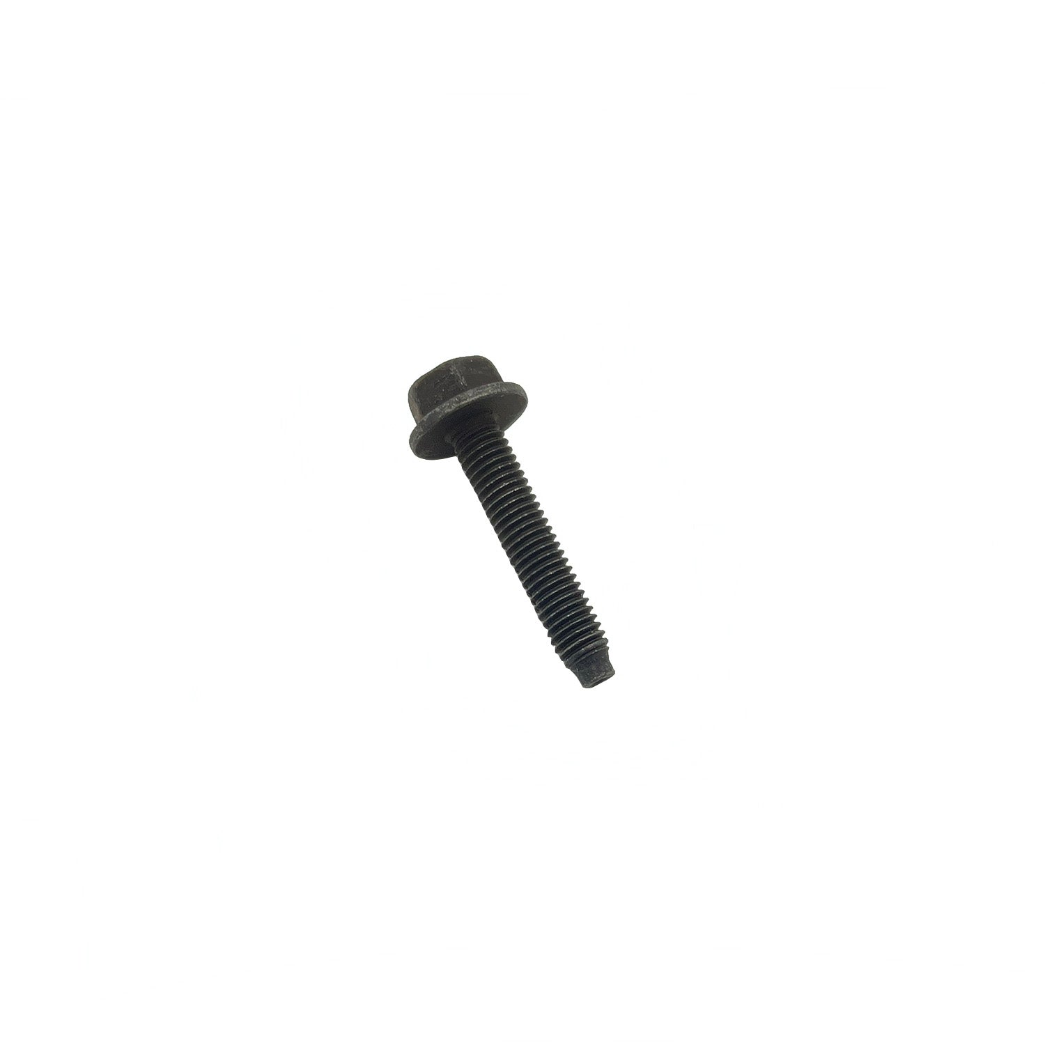 Black hex flange screw with M6 thread and 30mm length, metal construction.