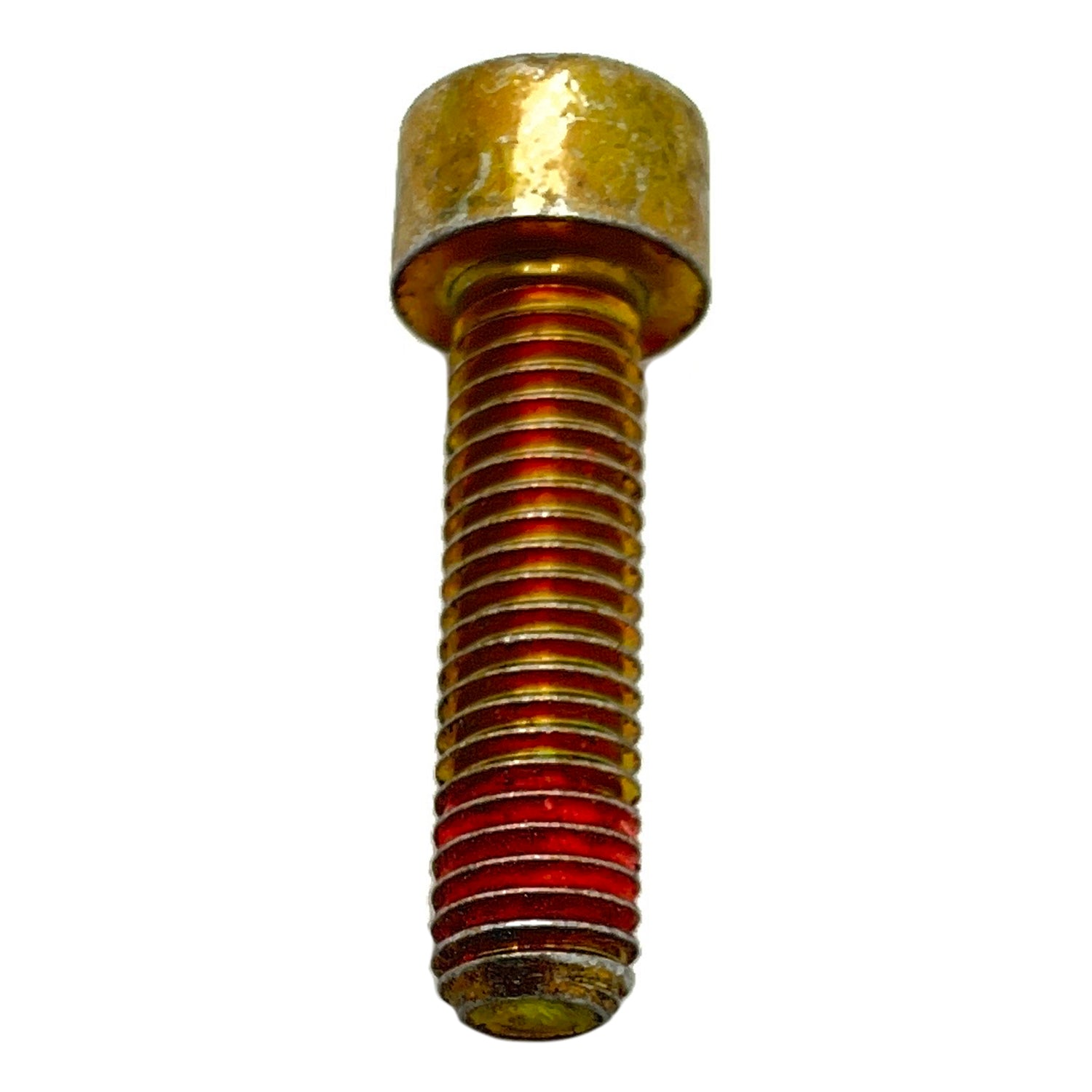 Golden metal socket head screw with M8x1.25x3 threading and red threadlocker coating.