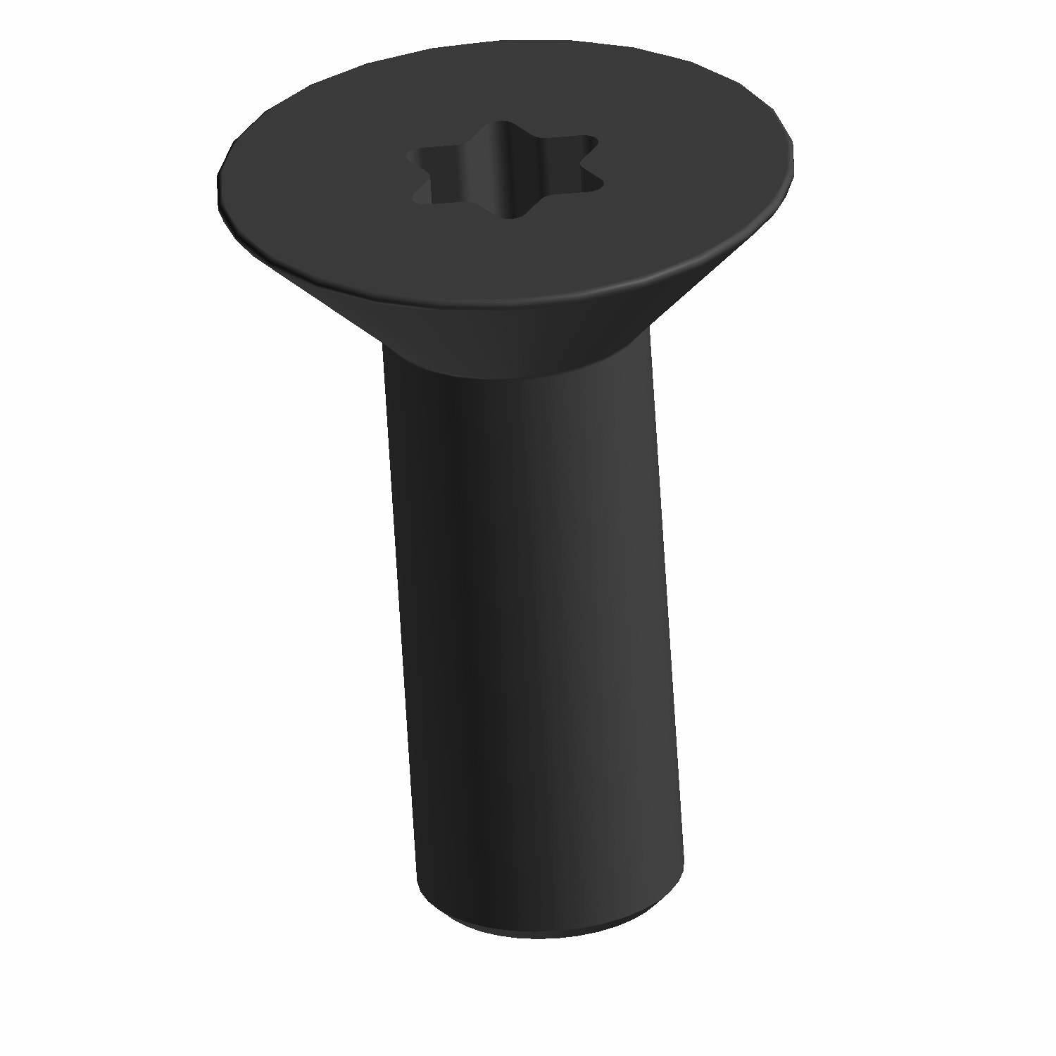 Black metal screw with flat head and Phillips drive, short cylindrical threaded body.