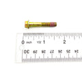 Gold-colored metal screw with hexagonal head and partially threaded shaft next to a clear ruler.