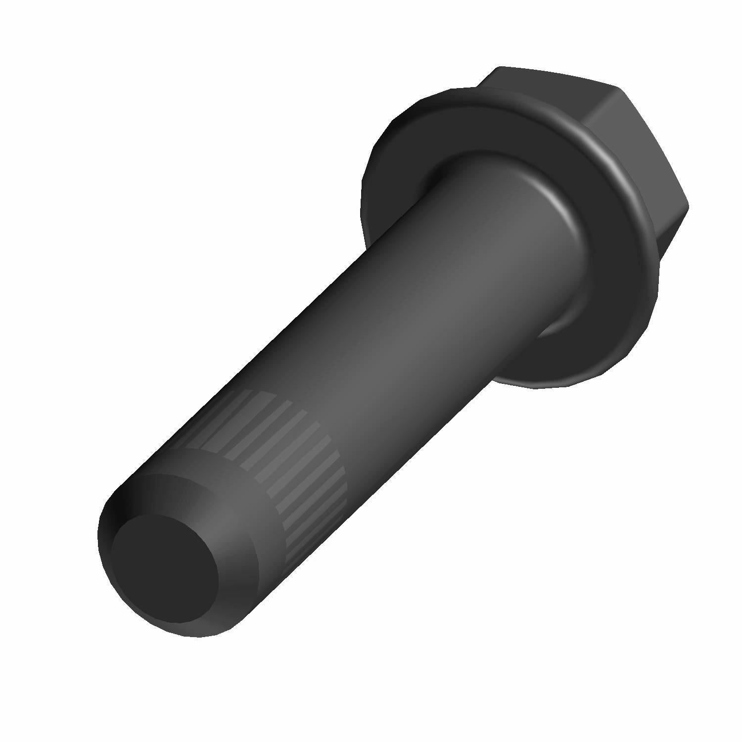 Black hex flange screw with threaded tip and textured grip area, medium length.