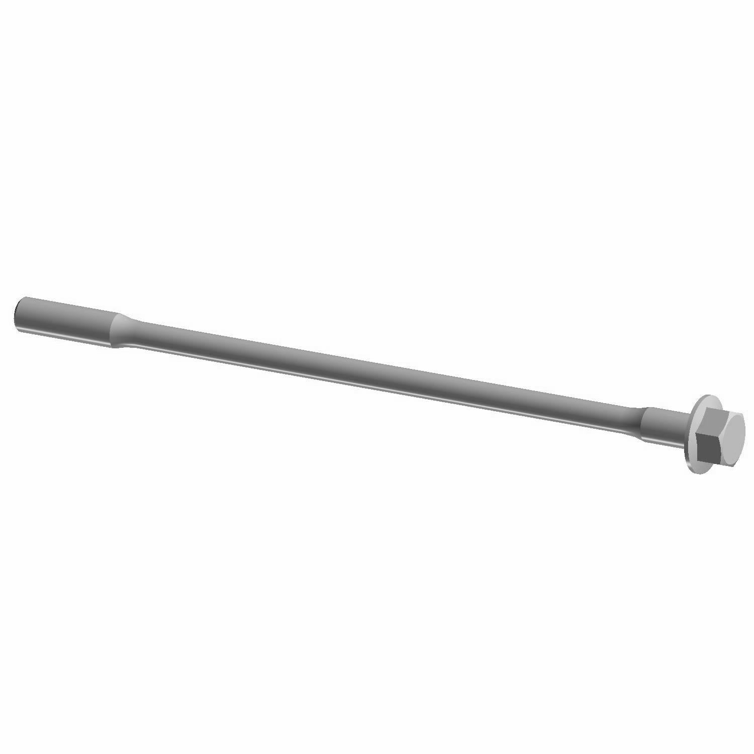 Long silver metal bolt with hexagonal head and threaded end, smooth cylindrical shaft.