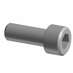 Gray metal socket head screw with hexagonal recess and smooth cylindrical shaft.