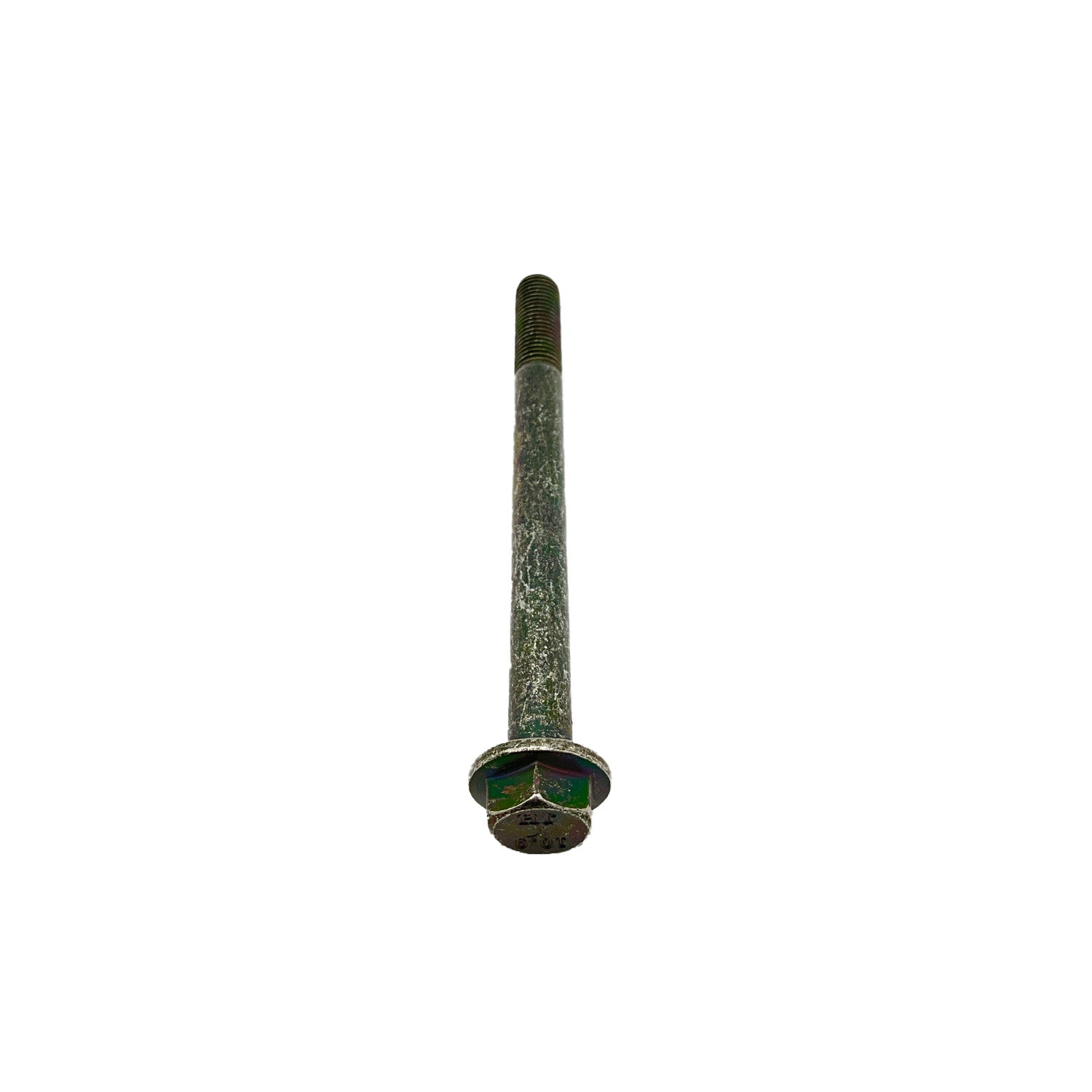 Long metal screw with hexagonal head and flange, dark gray finish.
