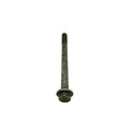 Long metal screw with hexagonal head and flange, dark gray finish.