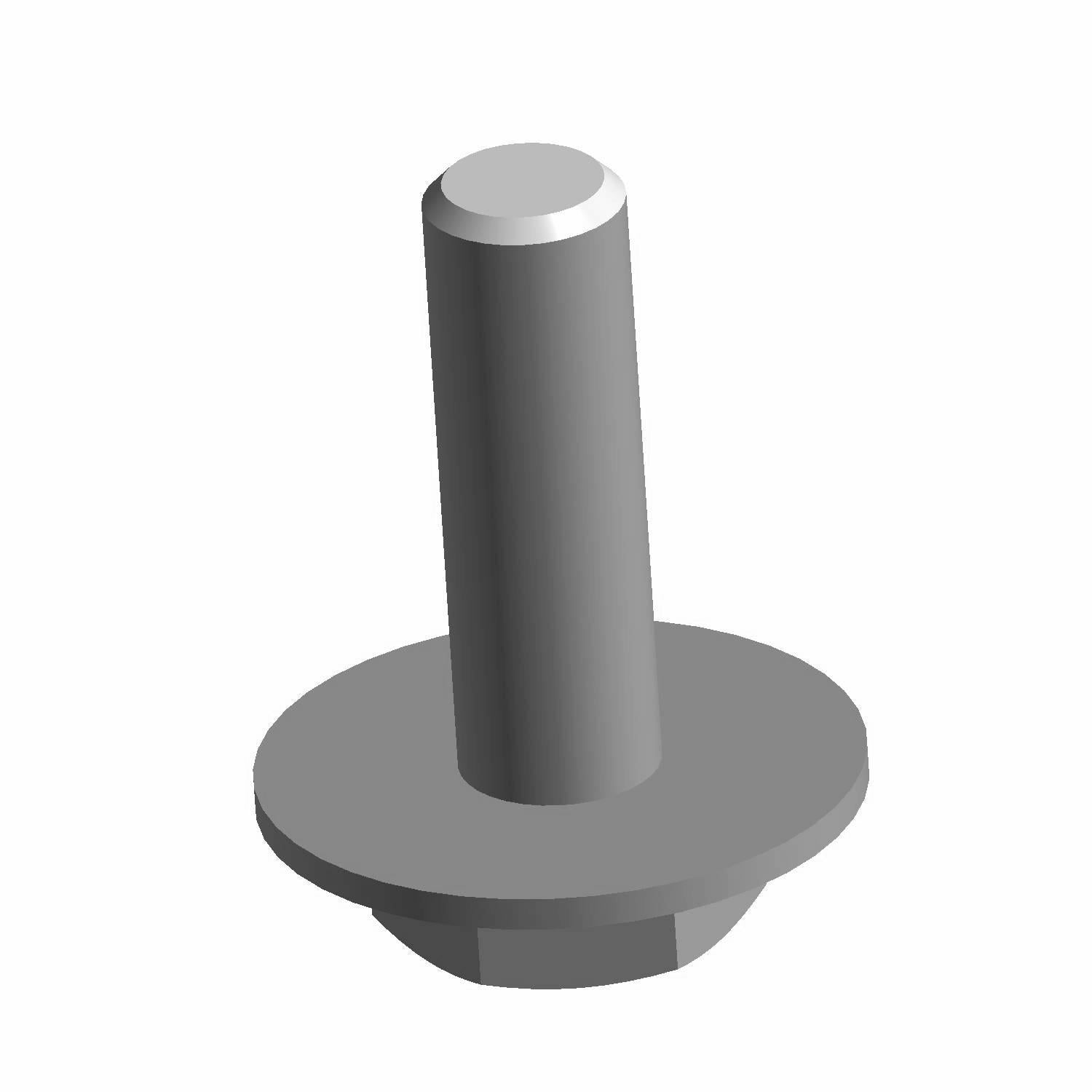 Gray metal bolt with a cylindrical shaft, wide flat head, and hexagonal base flange.