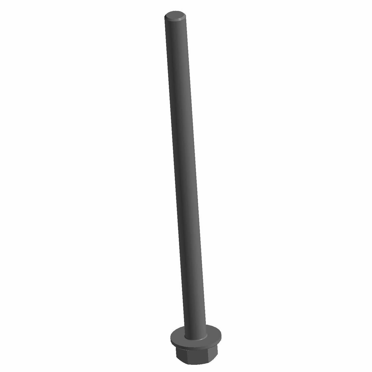 Long black metal hex bolt with flat head and threaded shaft.