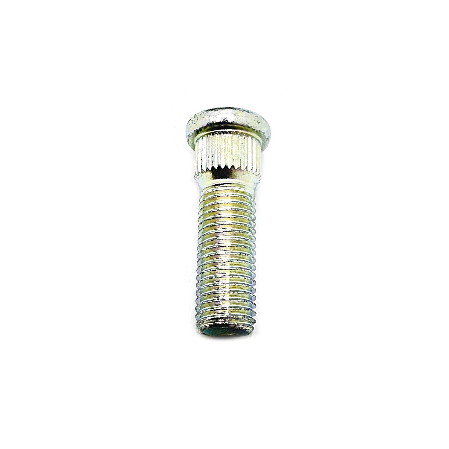Silver metal wheel stud with threaded shaft and gear-like flange base.