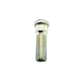 Silver metal wheel stud with threaded shaft and gear-like flange base.