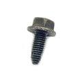 Short black metal screw with hex flange head and coarse threads.