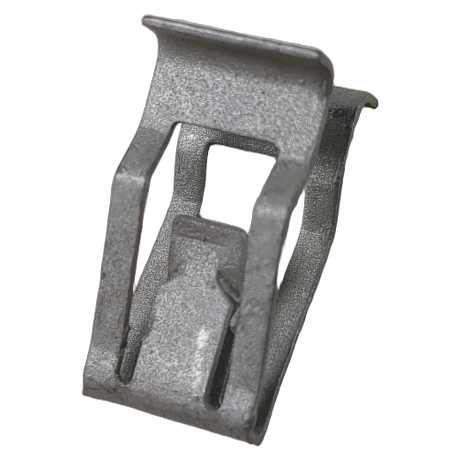 Gray metal dash trim clip with angled edges and dual prongs for secure attachment.