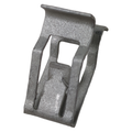 Gray metal dash trim clip with angled edges and dual prongs for secure attachment.