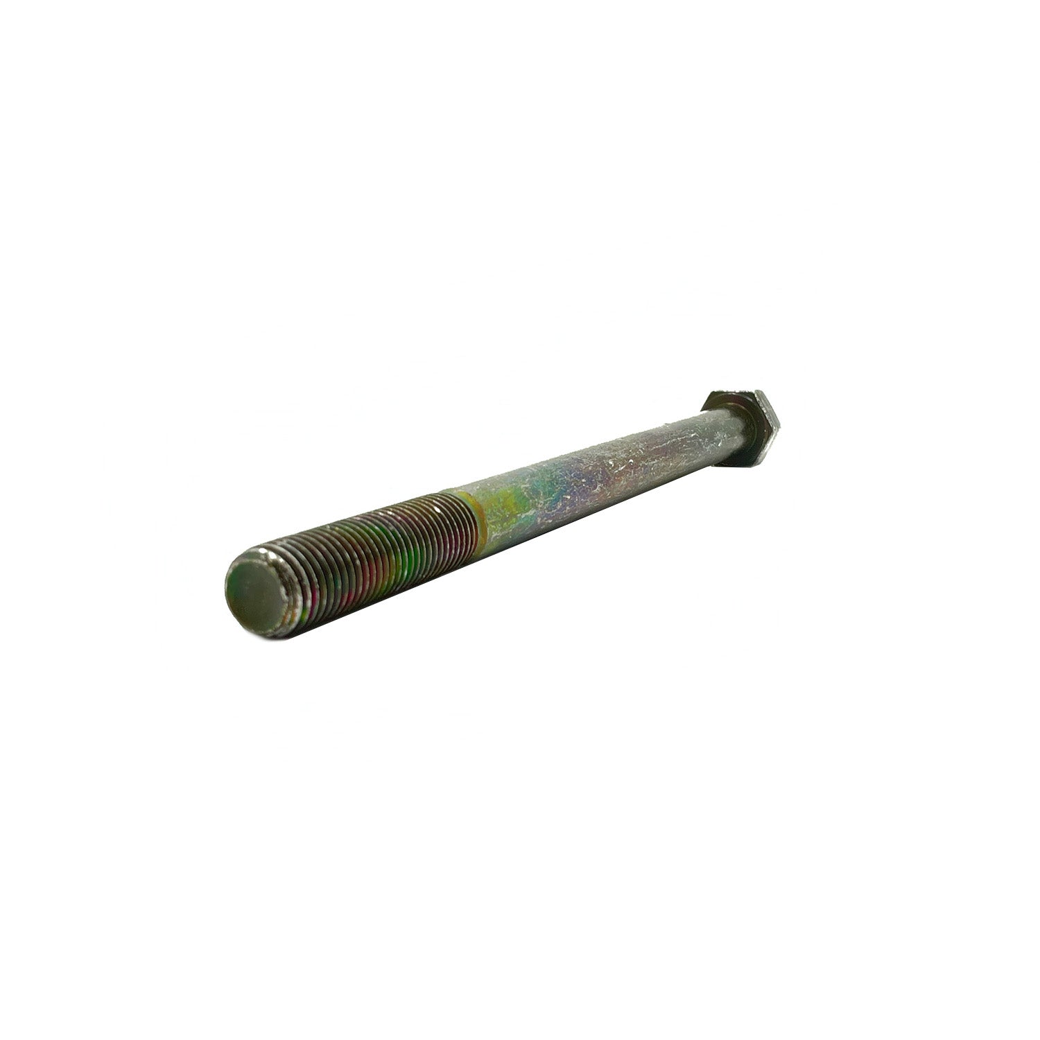 Long metal hex head screw with threaded end and shiny metallic finish.