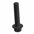 Black metal screw with a long cylindrical shaft and hexagonal head with a round flange base.