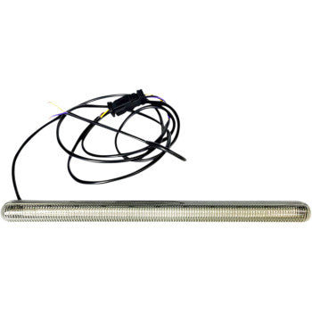 Slim, low-profile LED light bar with smoked lens and black wiring harness for offroad vehicles.