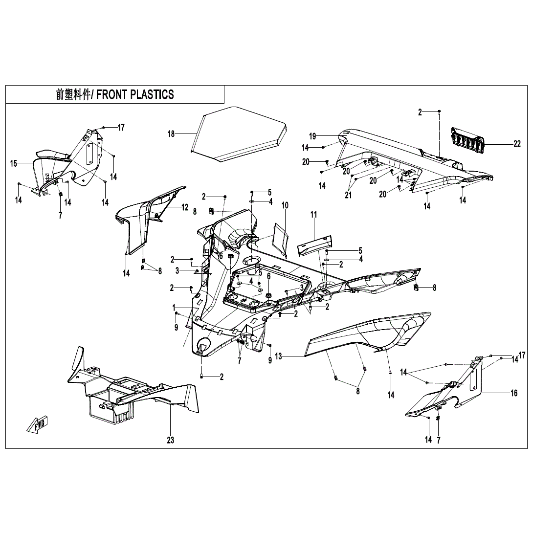 An Image of a Genuine CFMOTO Parts Schematic Diagram showing the schematic - FRONT PLASTIC - 2021 CFMOTO ZFORCE 950 Sport