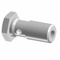Silver metal banjo bolt with hexagonal head and side hole for fluid passage.