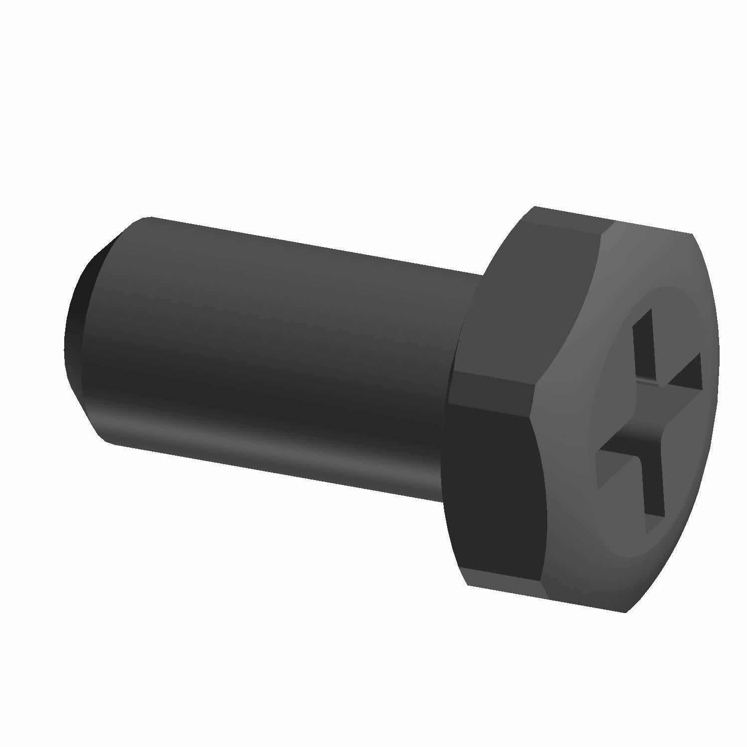 Black metal hex head screw with Phillips drive, cylindrical threaded shaft, M6x1x12 size.