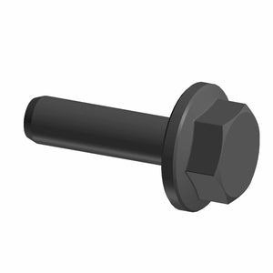 Black hex flange screw with a smooth shaft and integrated washer head, M12x1.25x43 size.