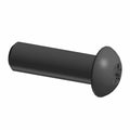 Black metal screw with flat round head and Phillips drive slot.
