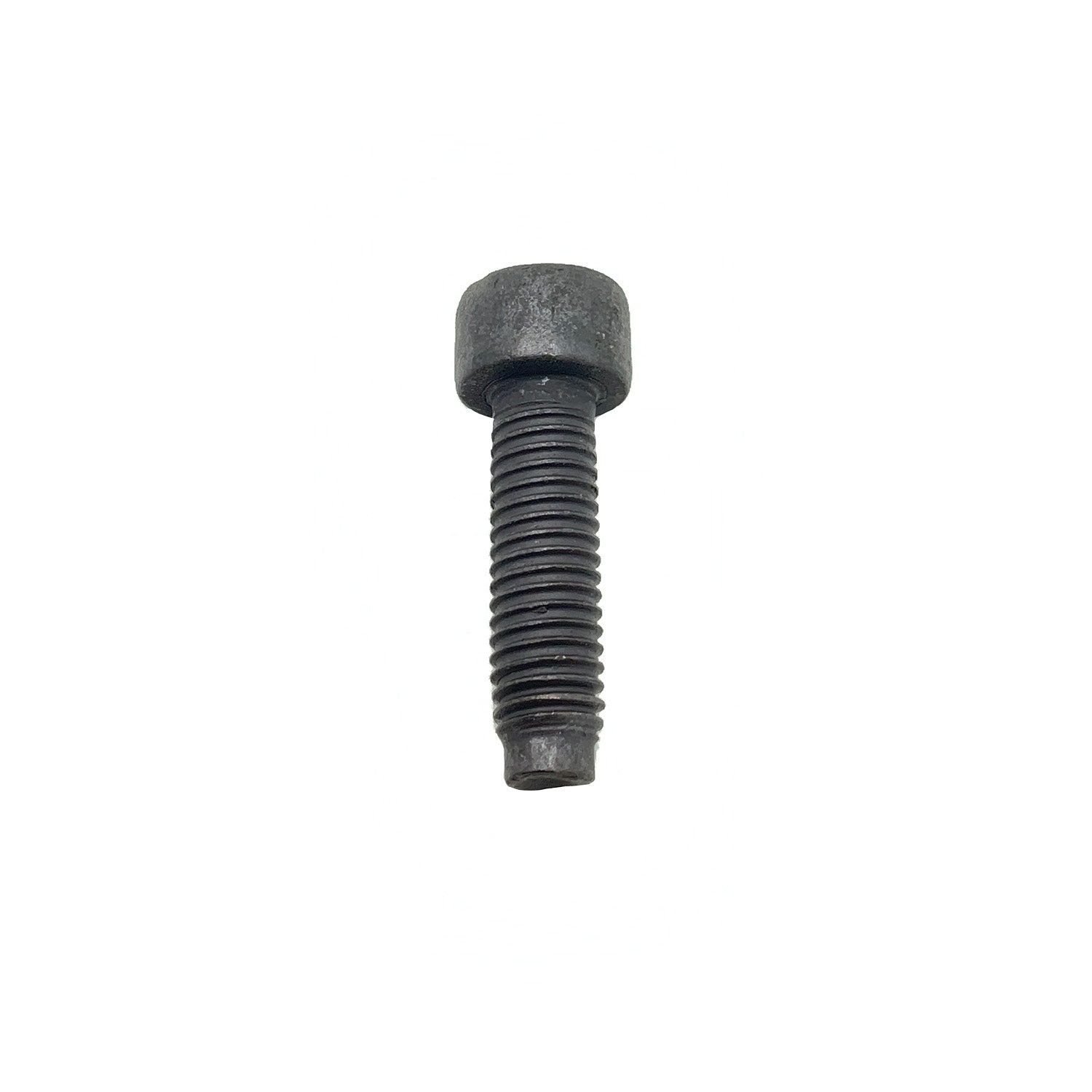 Black metal lock screw with cylindrical head and coarse threading, 8mm x 1.25mm x 2 length.