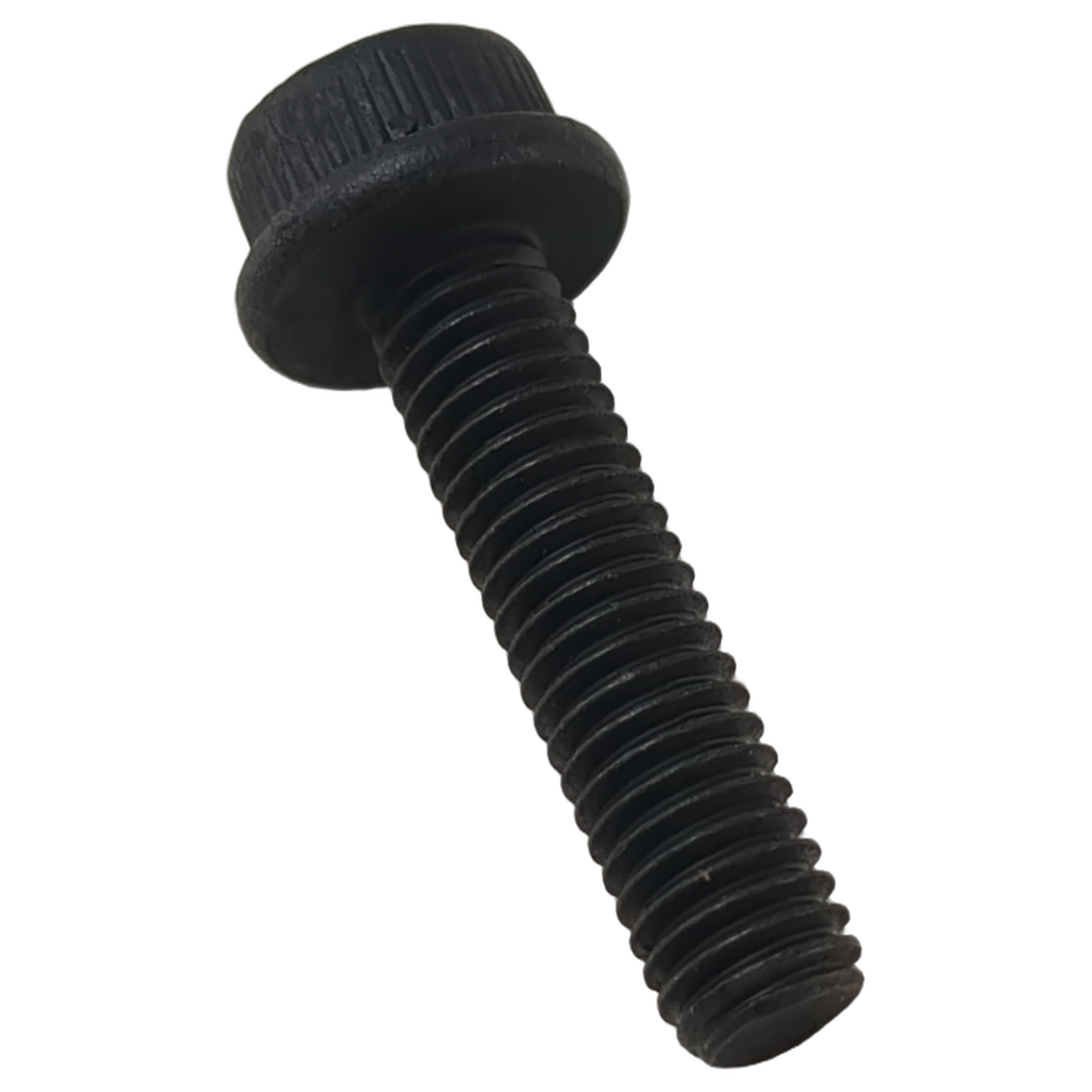 Black socket head flange screw with M6x1.0x25 thread size and grip ridges on the flange.