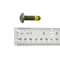Gray metal screw with yellow thread lock, about 35mm long, next to a clear ruler with inch and centimeter markings.
