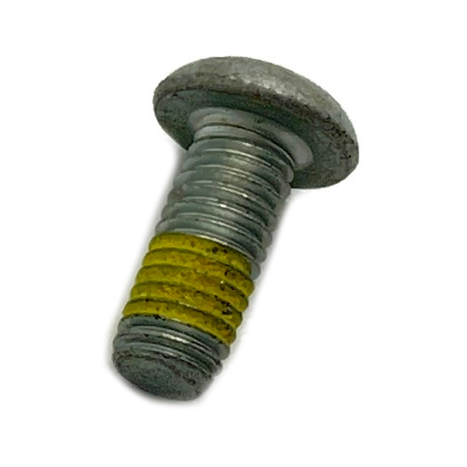 Gray metal Torx button head screw with yellow thread locking compound, M5x0.8x12 size.