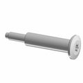 Silver metal shoulder bolt with cylindrical shaft and flat round head with recessed hex drive.