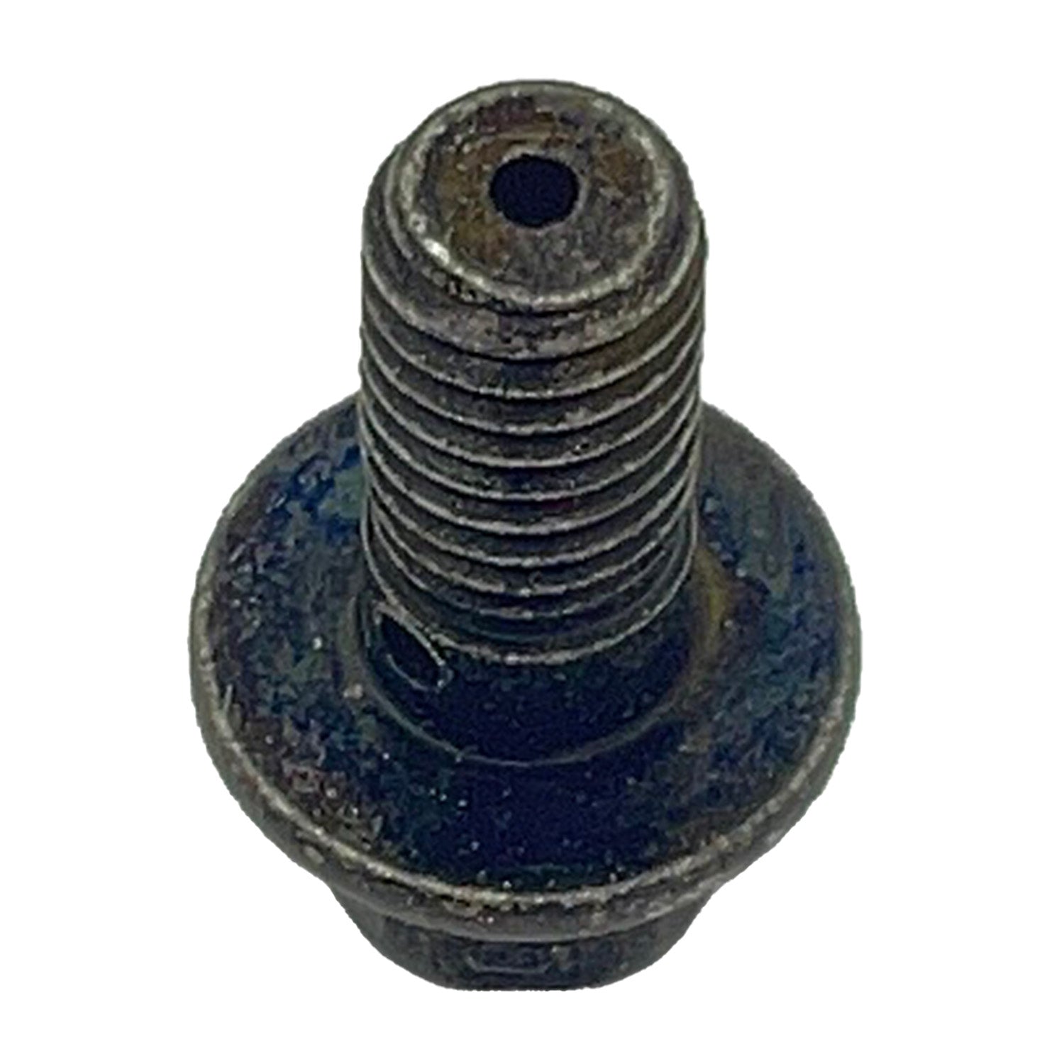 Black metal M6x1.0x13 threaded screw with flange head and central hole.