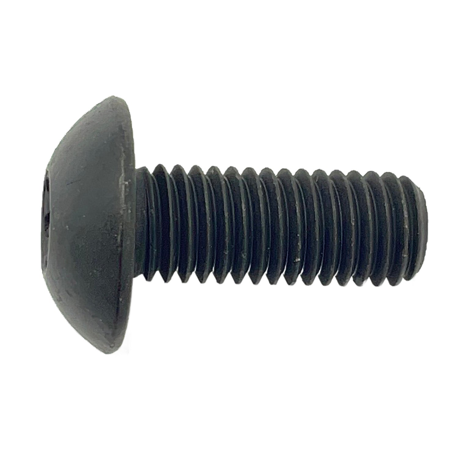 Black metal screw with rounded head and coarse threading, M10x1.5x25 size.