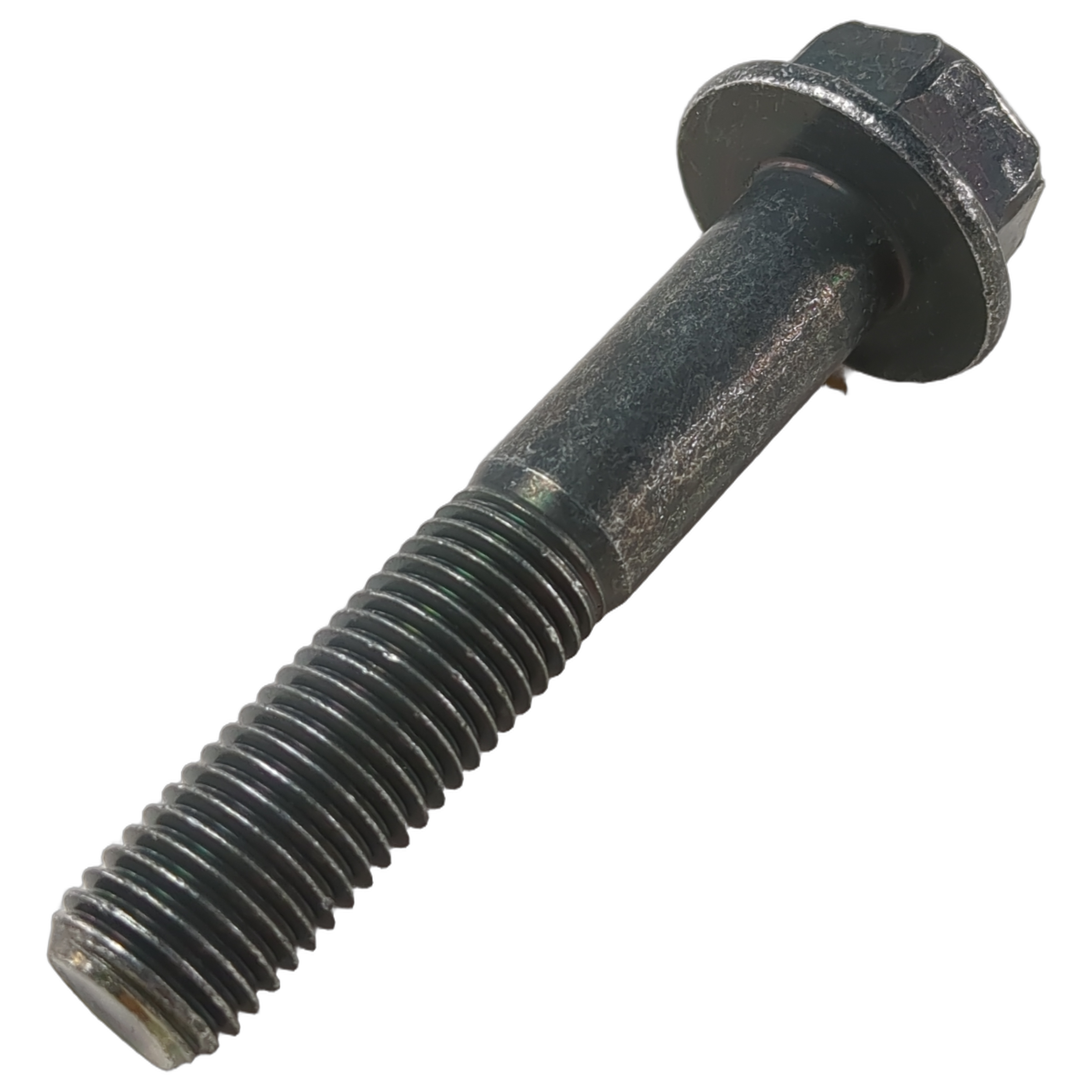 Black hex flange screw with threaded shaft and integrated washer base, 12mmx1.5mm size.