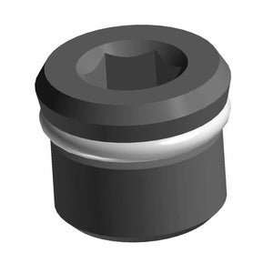 A 3D rendering of the Plug W/O-Ring M10X1 by Polaris, a dark cylindrical part with a hexagonal recess and white ring around its middle, similar to OEM Polaris components, shown against a white background.
