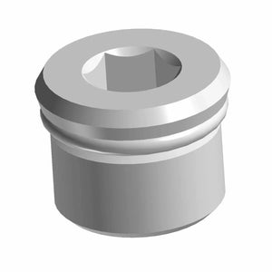 A 3D rendering of a cylindrical metal Plug W/O-Ring M16X1.5 by Polaris, featuring a hexagonal socket top and a side groove, commonly used in OEM Indian Polaris mechanical or engineering applications.