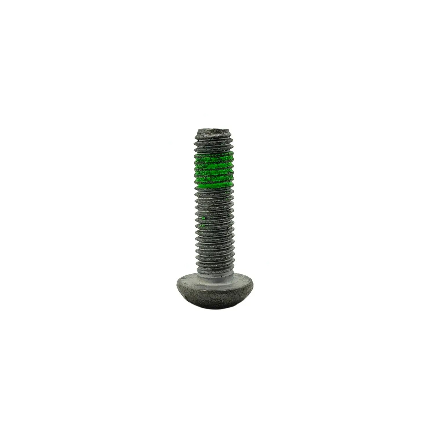 Short silver metal bolt with a rounded head and green threadlocker on the upper threads.