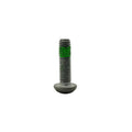 Short silver metal bolt with a rounded head and green threadlocker on the upper threads.