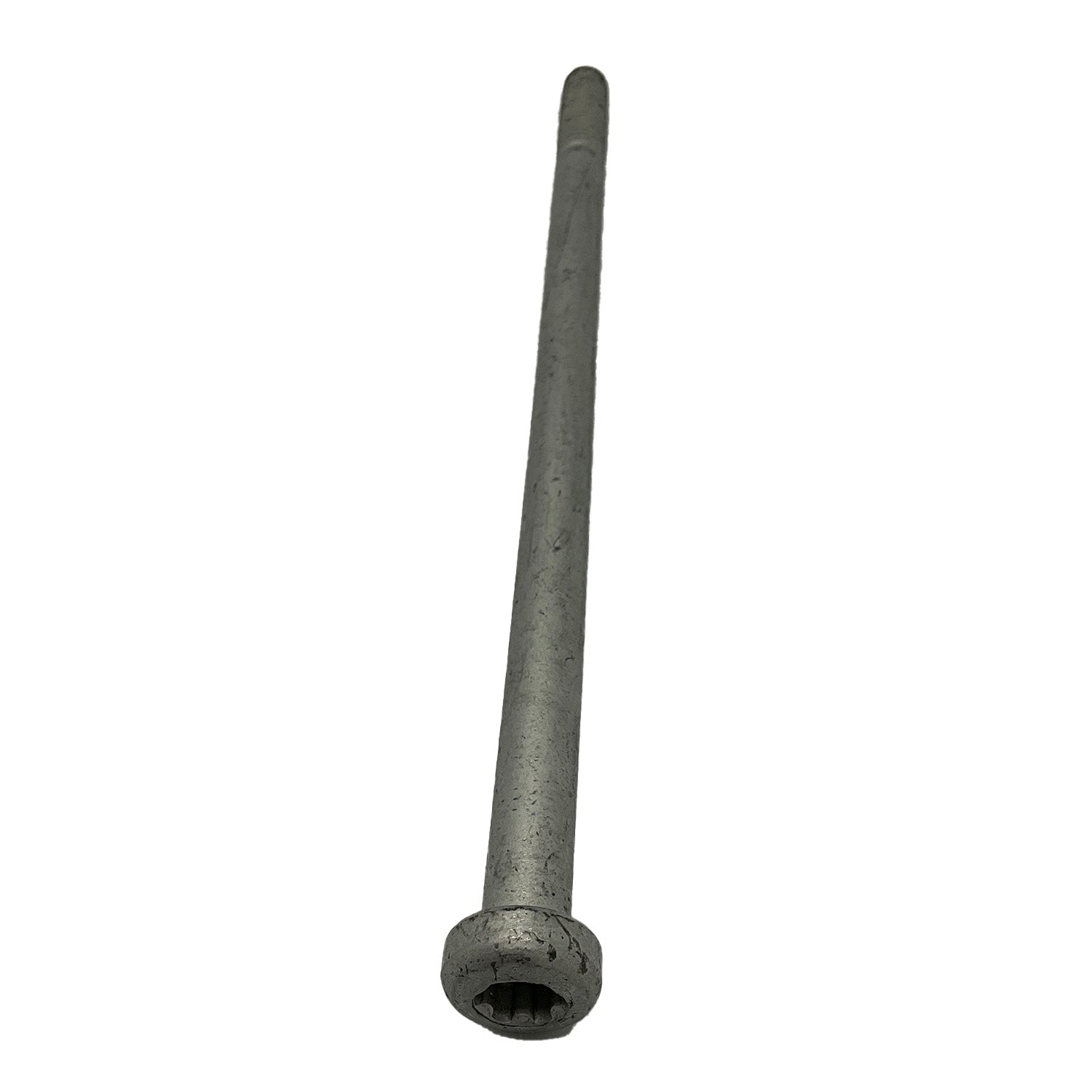 Long gray metal Torx button head screw with a narrow threaded shaft and star-shaped drive recess.